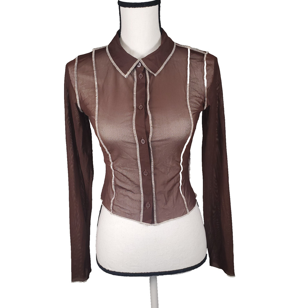 Divided H&M Brown Sheer Mesh Button Up Contrast Stitching Small EUC